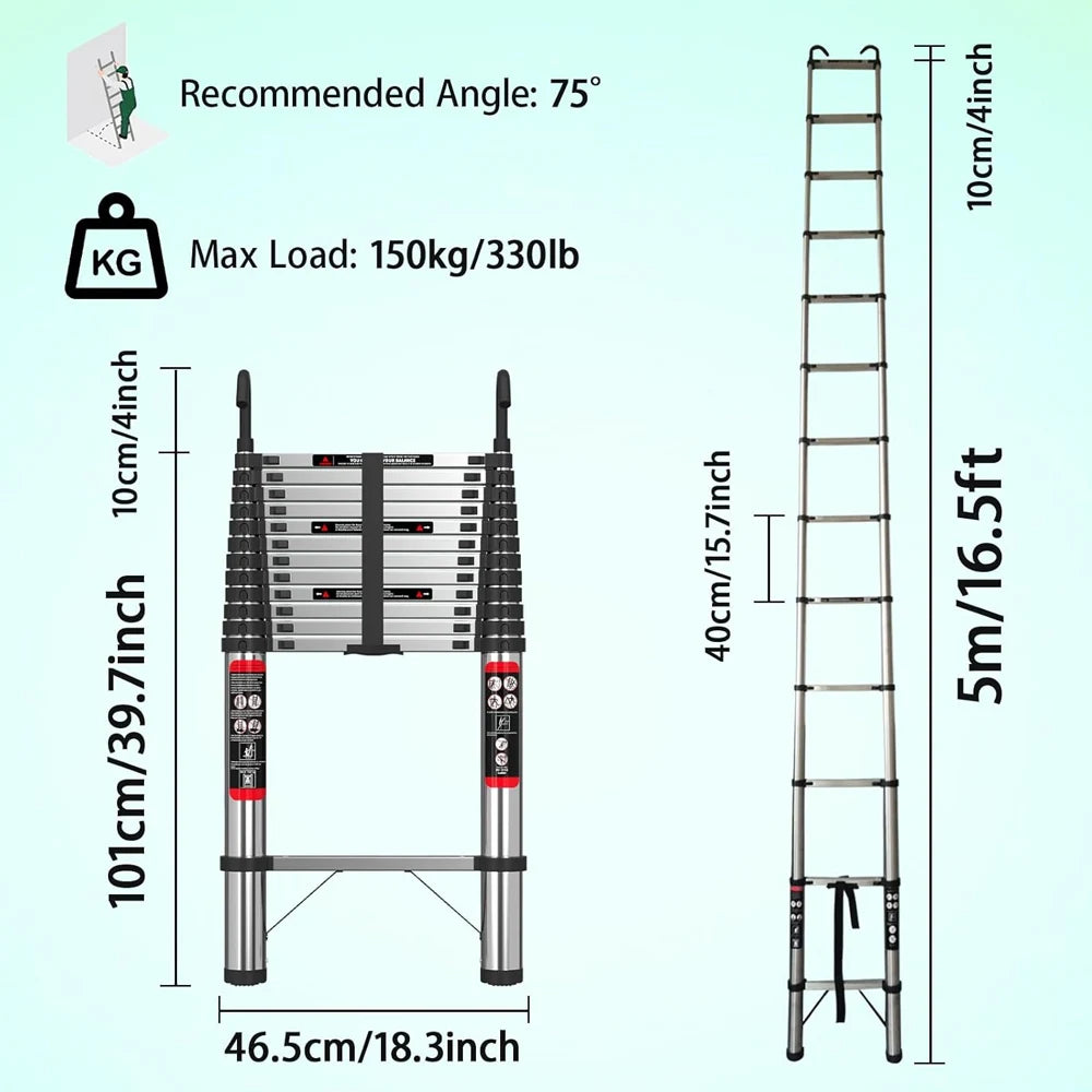 Ladders Extendable Telescopic 2.6M-5M Heavy Duty Multi Purpose Straight Loft Ladder Portable Folding Stainless Steel Ladder Tool