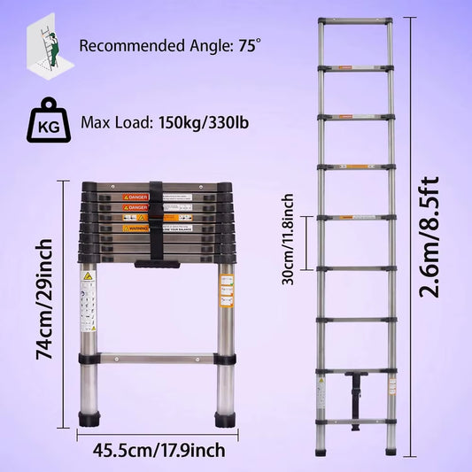 Ladders Extendable Telescopic 2.6M-5M Heavy Duty Multi Purpose Straight Loft Ladder Portable Folding Stainless Steel Ladder Tool